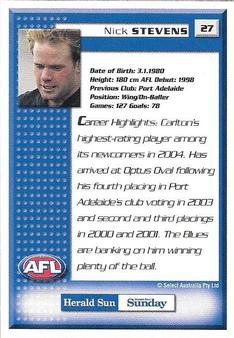 2004 Select Herald Sun AFL #27 Nick Stevens Back
